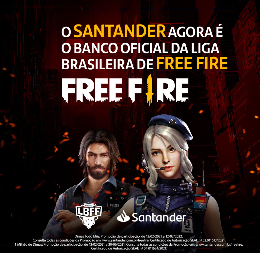 Divulgação de patrocínio e parceria do banco Santander com a Liga Brasileira de Free Fire