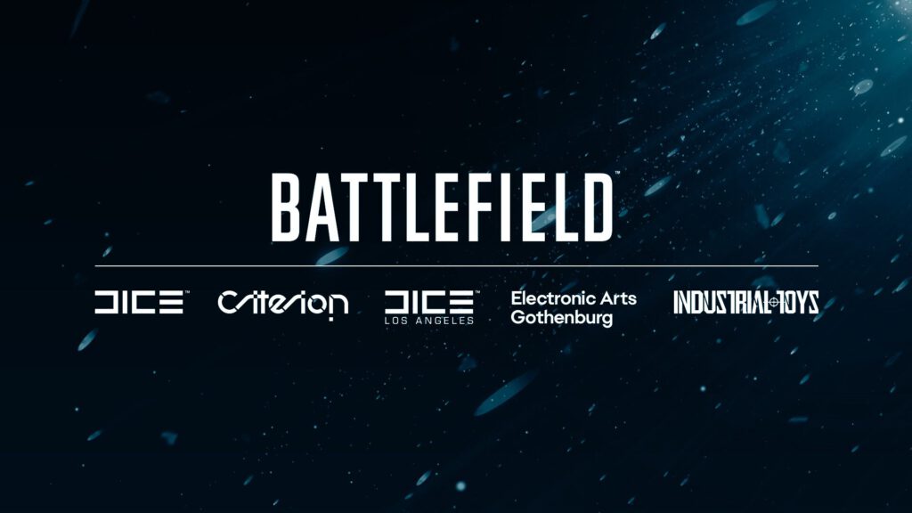 Logo de Battlefield com as empresas envolvidas no desenvolvimento do game abaixo