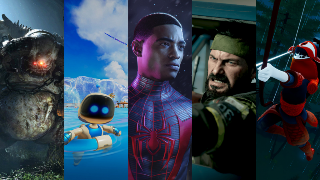 Montagem com imagens verticais de jogos para Playstation 5, como Spider-man 2 e Metal Gear.