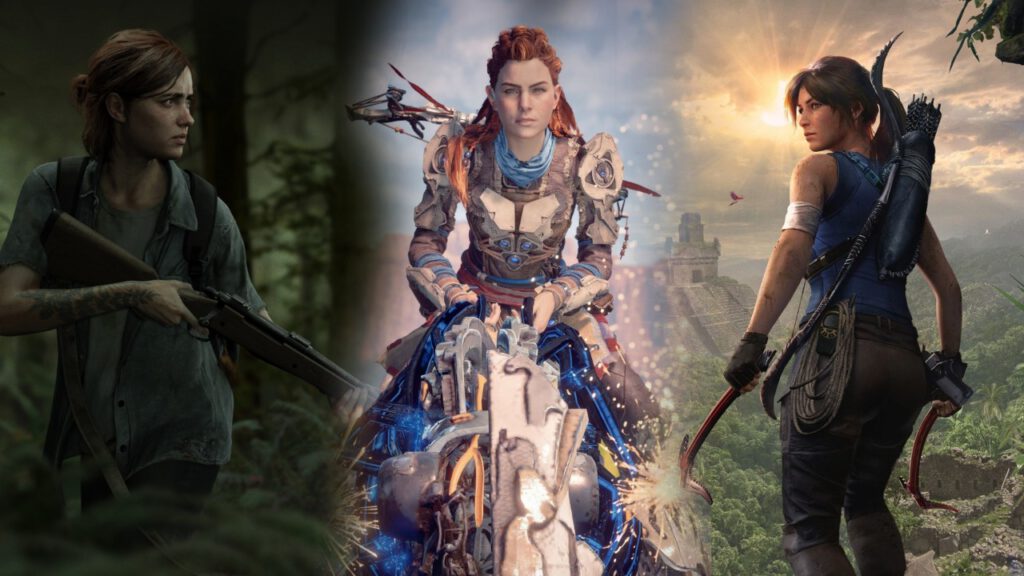 Montagem com personagens Ellie, do jogo The Last of Us, Aloy, do jogo Horizon Zero Dawn, e Lara Croft, do jogo Tomb Raider, representando a representatividade das mulheres na cultura gamer