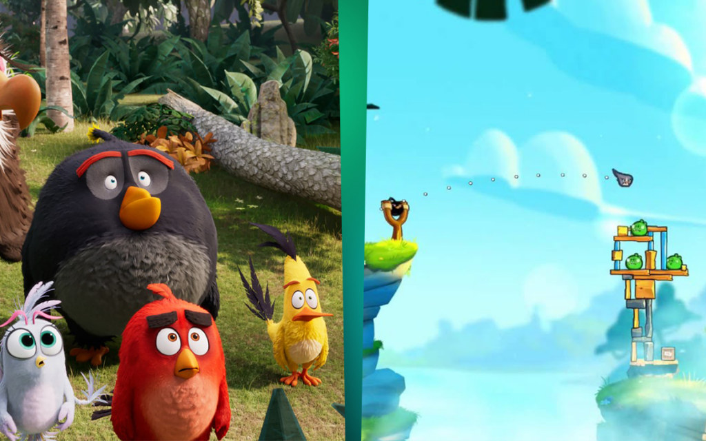 Imagem do filme de Angry birds ao lado de imagem do jogo, sendo um dos filmes de jogos que mais alcançou sucesso