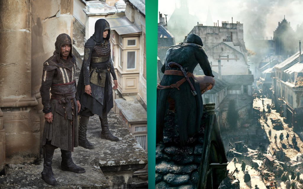 Imagens comparativas de cenas de filme de jogos da franquia Assassin's Creed