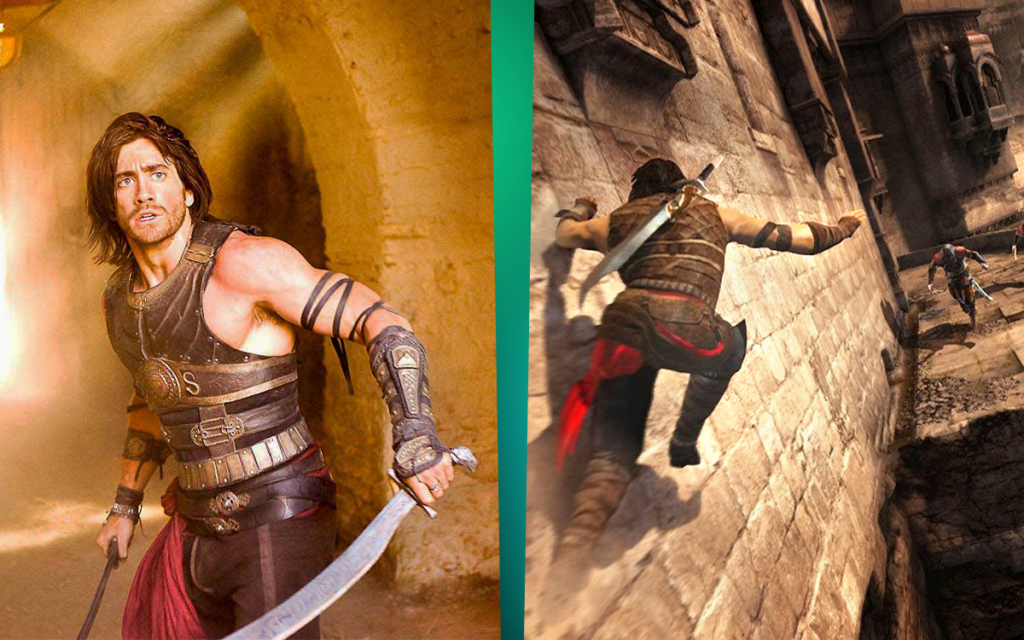 Cena do filme Prince of Persia ao lado de imagem do jogo com o mesmo nome