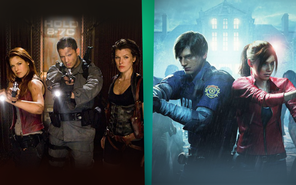 Cena de um dos filmes da franquia cinematográfica de Resident Evil ao lado da capa do jogo Resident Evil 2 Remaster