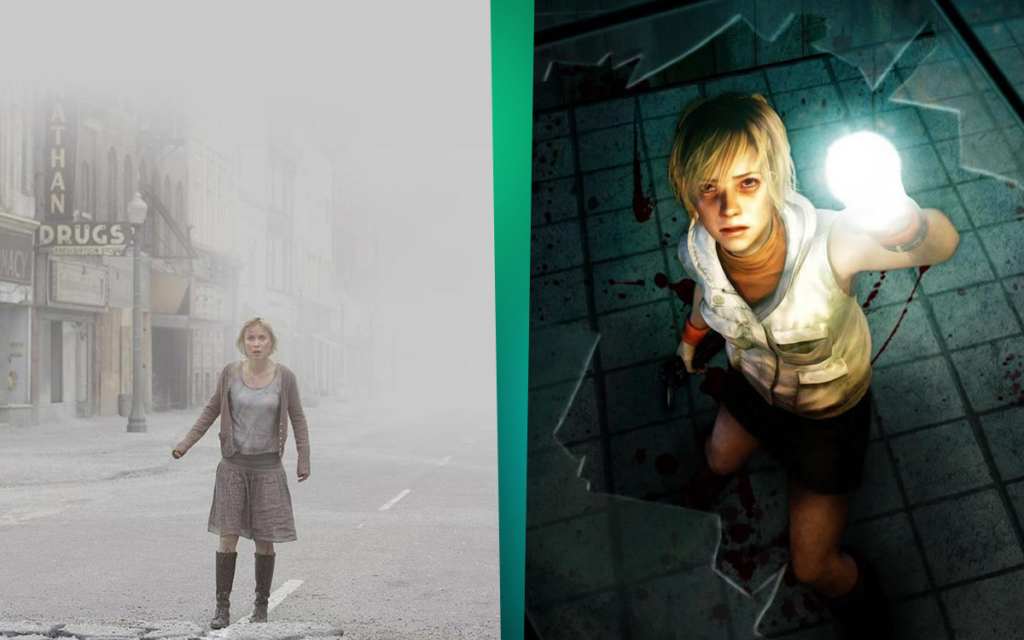 Cena do filme Terror em Silent Hill e capa de um dos jogos da franquia