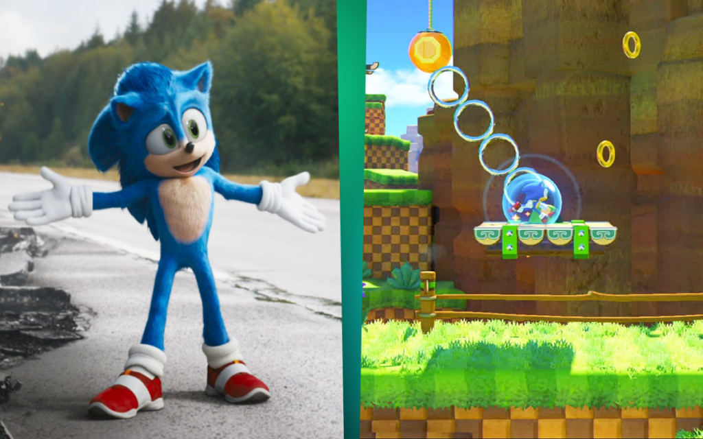 Cena do filme Sonic ao lado de imagem do jogo da franquia