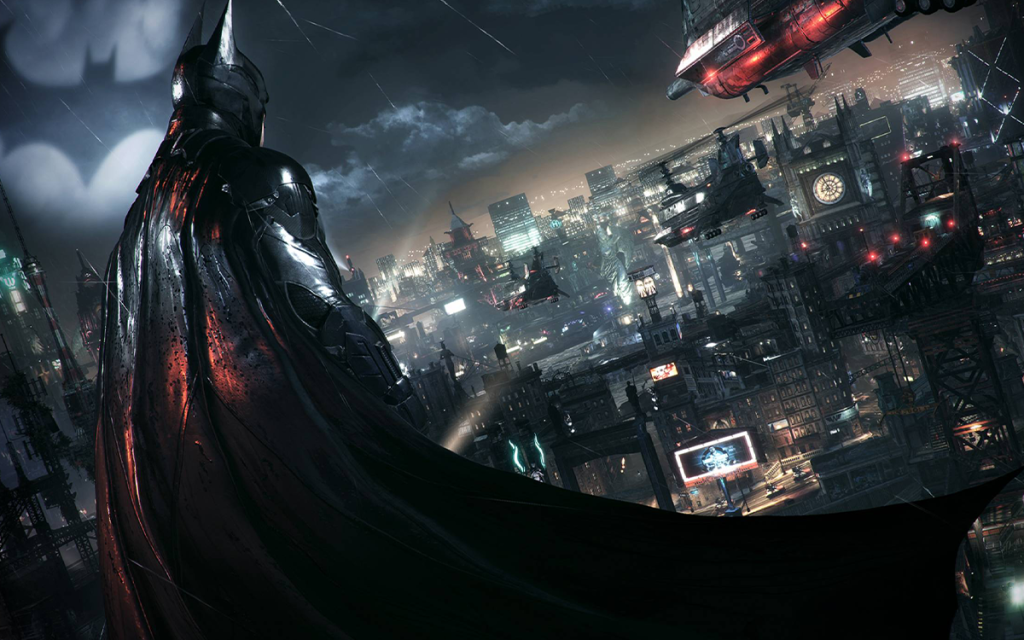 Cena do jogo Batman: Arkham Knight com o Batman observando a cidade de Gotham à noite.