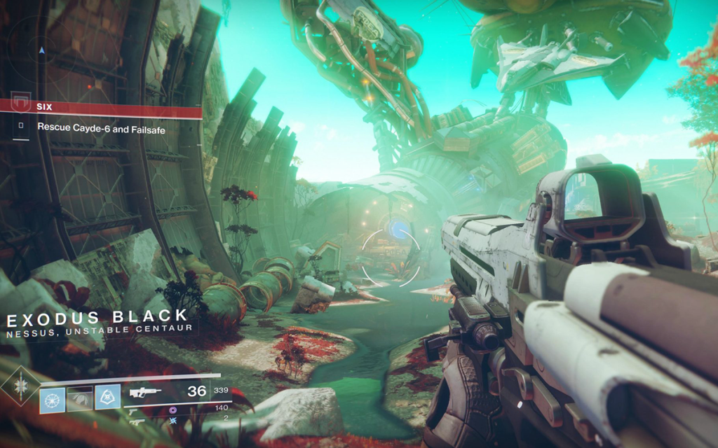 Tela do jogo Destiny com uma arma tecnológica apontando para uma estrutura circular diante de uma nave espacial.