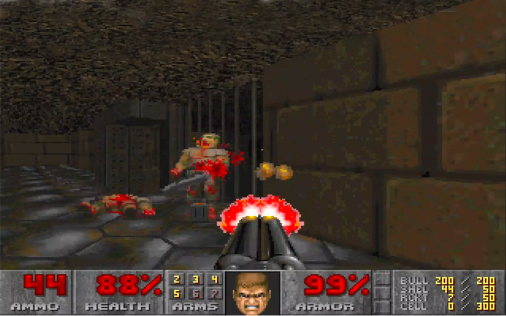 Tela do jogo Doom de 1992 mostrando os status do jogador abaixo da tela de jogo com um inimigo sendo baleado, sendo esse um dos jogos pioneiros no gênero de jogos FPS.