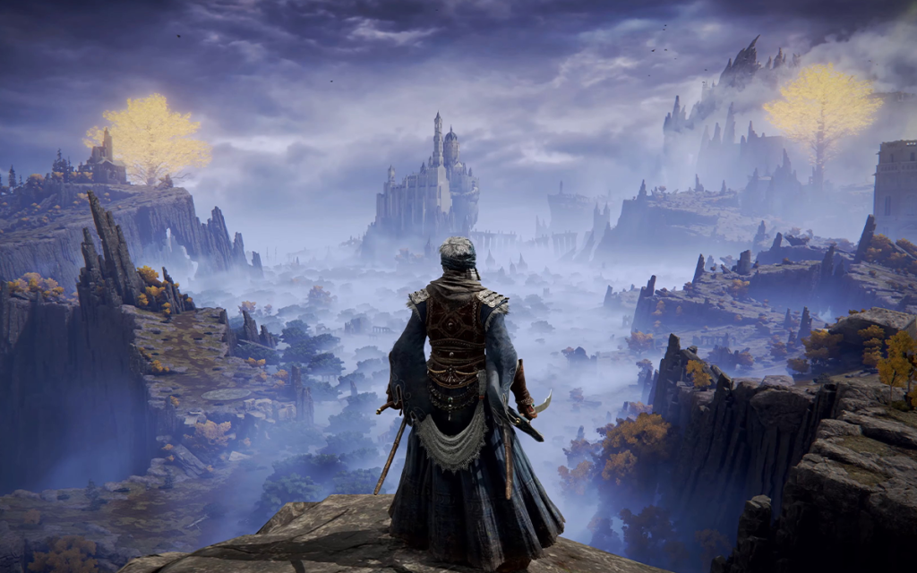 Imagem capa do jogo Elden RIng com o personagem principal observando um cenário cheio de rochas, pedras e castelos, representando um dos 10 games mais jogados atualmente.