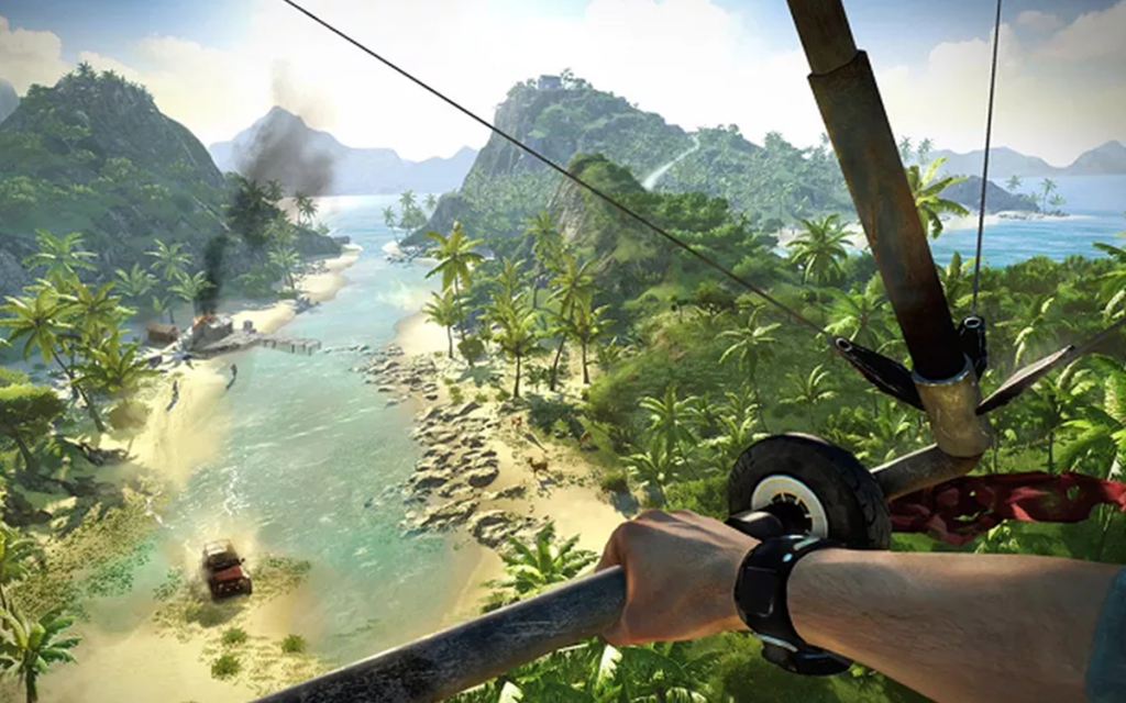 Tela do jogo Far Cry 4 com o jogador descendo de asa delta e abaixo uma ilha paradisíaca com um carro na areia e fumaça saindo de uma casa.