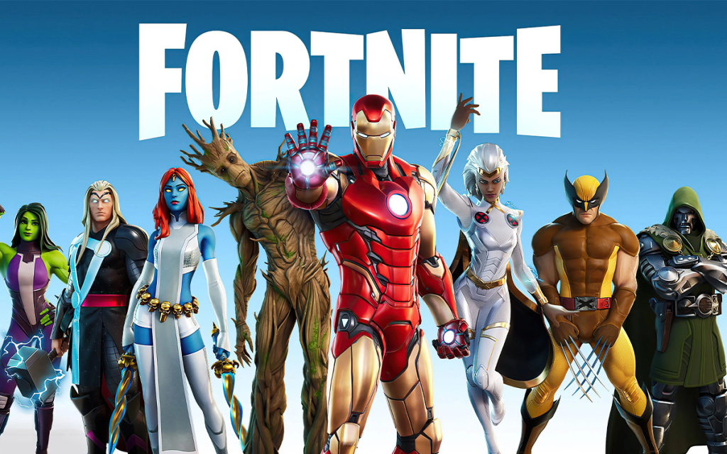 Capa do Jogo Fortnite com diversos heróis da Marvel fruto da parceria entre o jogo e a empresa.