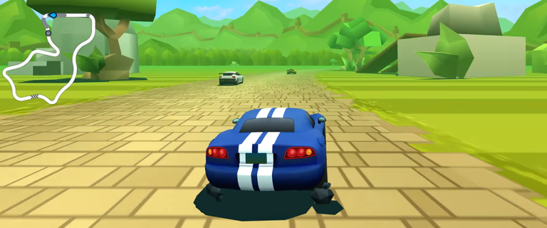 Tela do jogo Horizon Chase Turbo mostrando carro azul durante corrida