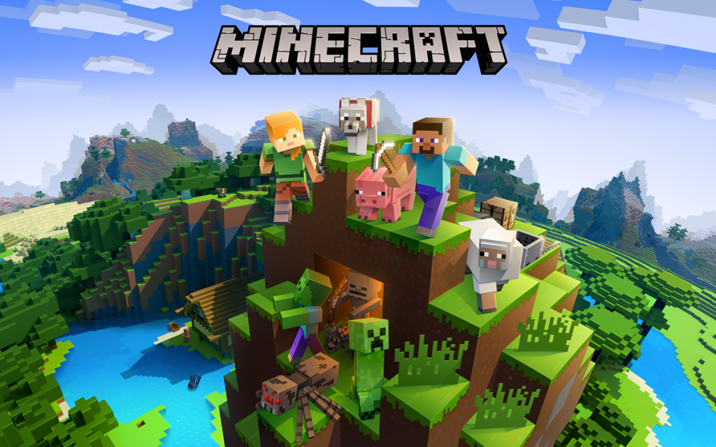 Capa do game Minecraft com personagens, inimigos e animais do jogo.