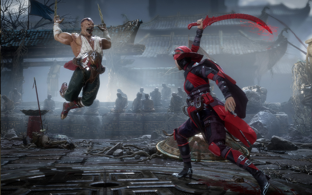 Tela do jogo Mortal Kombat 11 de luta entre Baraka e Skarlet.