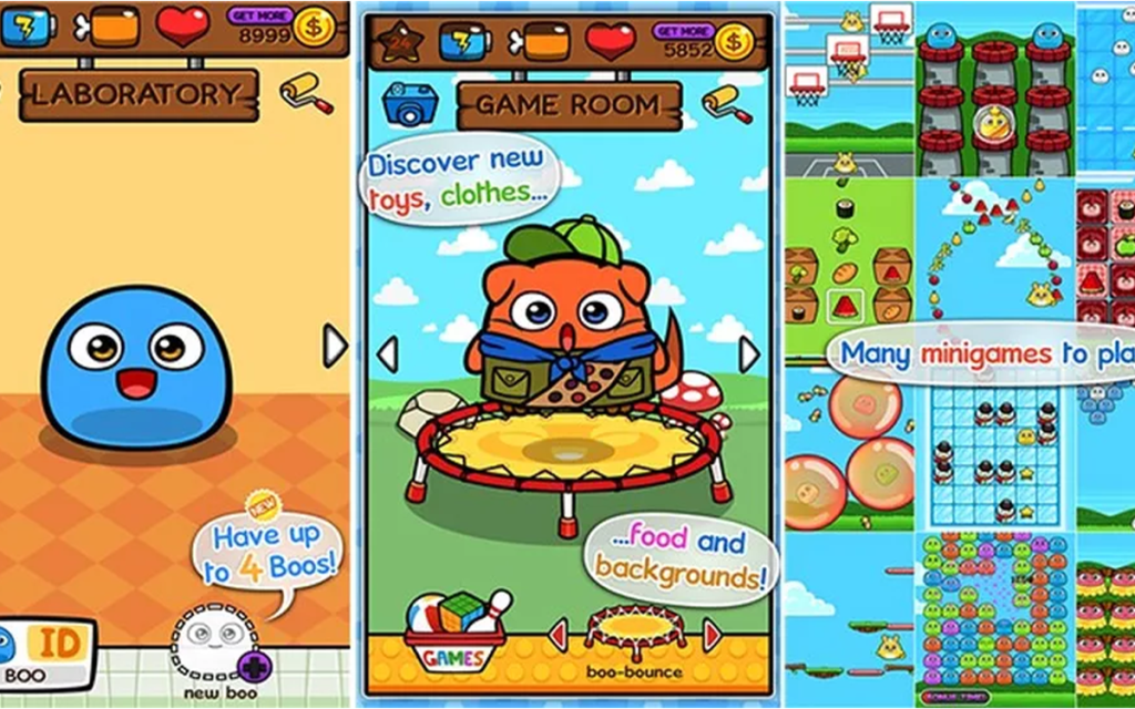 Imagens do aplicativo e jogo My Boo desenvolvido pela Tapps Game mostrando os bichinhos virtuais e as possibilidades do jogo.