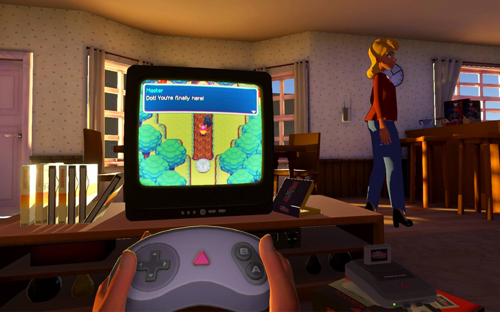 Tela do jogo Pixel Ripped com o personagem jogando video-game enquanto se esconde da mãe, jogo desenvolvido pela ARVORE.