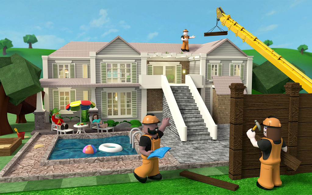 Imagem ilustrativa do jogo Roblox com avatares do jogo construindo uma casa com de dois andares com um guindaste.