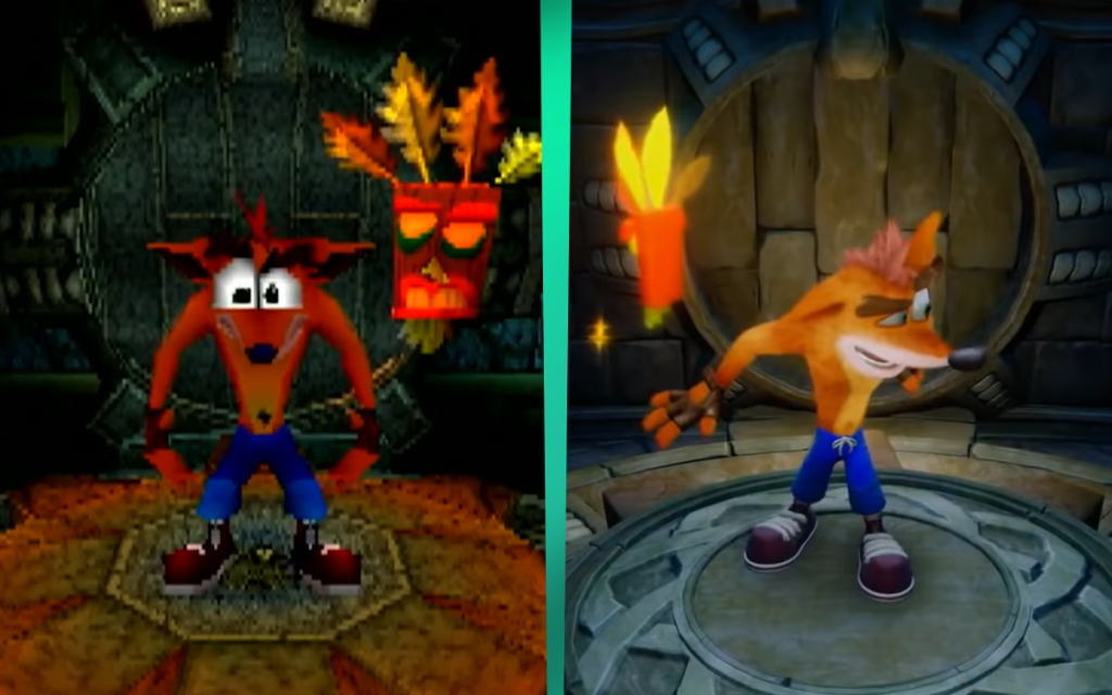 Imagem comparando a versão antiga de Crash Bandicoot 2 com a versão remasterizada do jogo, o que gera confusão sobre o game ser um remaster ou um remake.