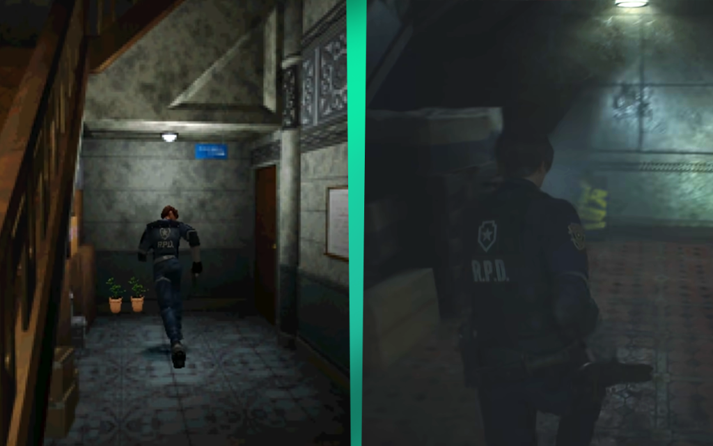 Imagem comparando a versão original de Resident Evil 2 e a versão remake do mesmo jogo..