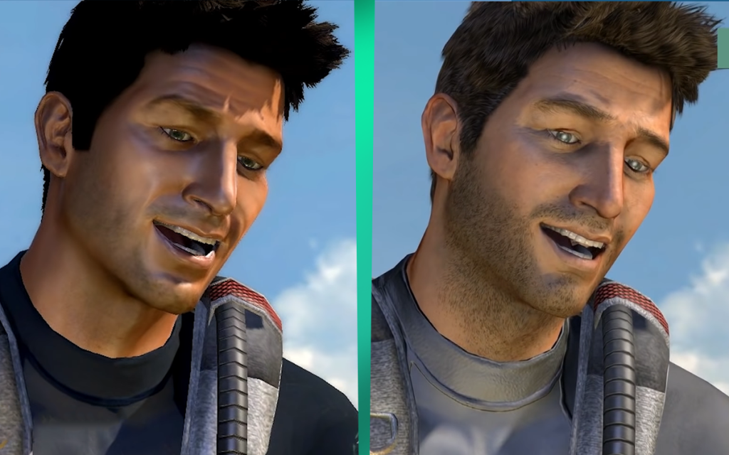 Imagem de comparação entre o Jogo original Uncharted: Drake's Fortune e a versão remaster do mesmo jogo.