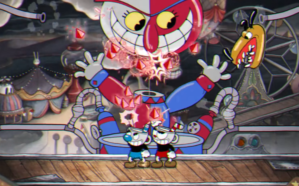 Imagem do game Cuphead com os personagens cuphead e mugman atirando em um chefe de fase sendo esse um dos jogos indies mais vendidos.