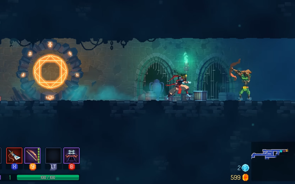 Imagem do game Dead Cells com o personagem principal se direcionando a um inimigo usando arco e flecha.