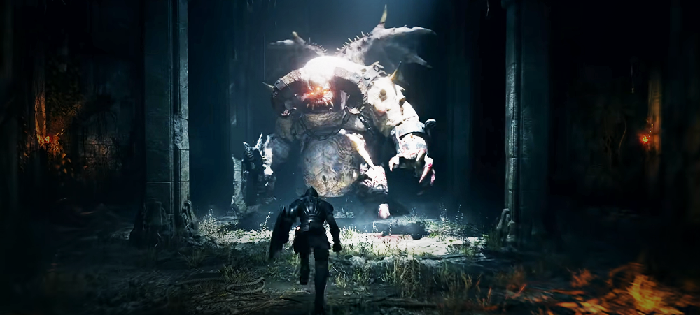 Imagem de jogo da franquia Dark Souls mostrando o encontro do protagonista com um chefe de fase representando um jogo soulslike.
