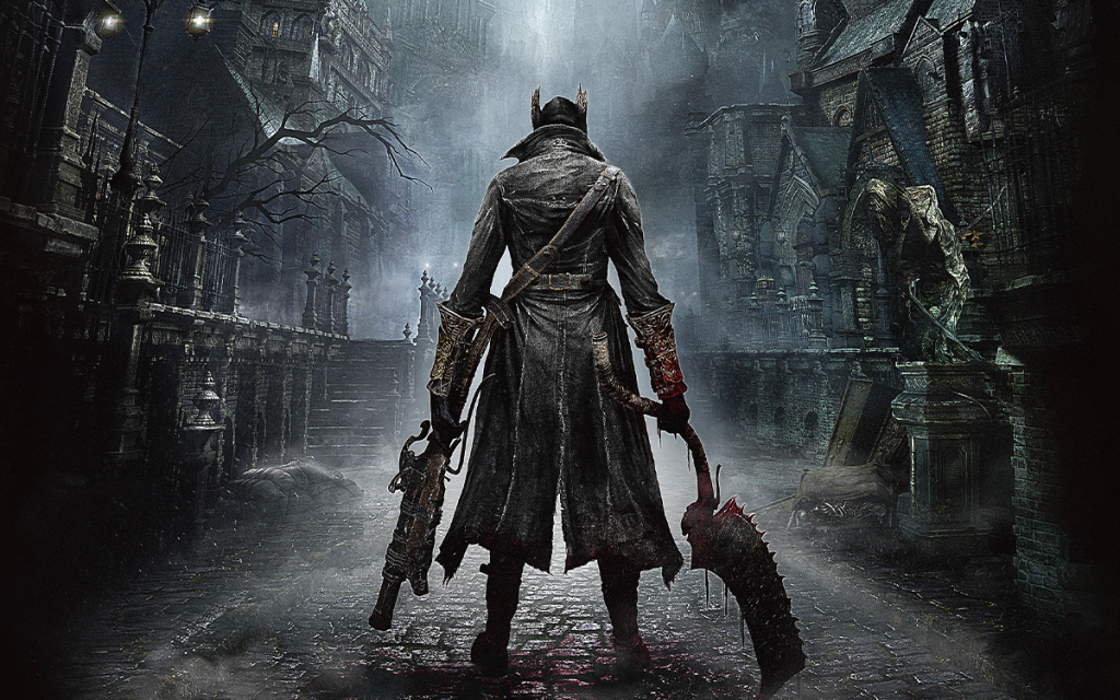 Imagem da capa do game Bloodborne com o caçador protagonista segurando uma arma de fogo na mão esquerda e uma foice na mão direita em uma ambientação gótica e sombria de Londres representando um jogo souslike.