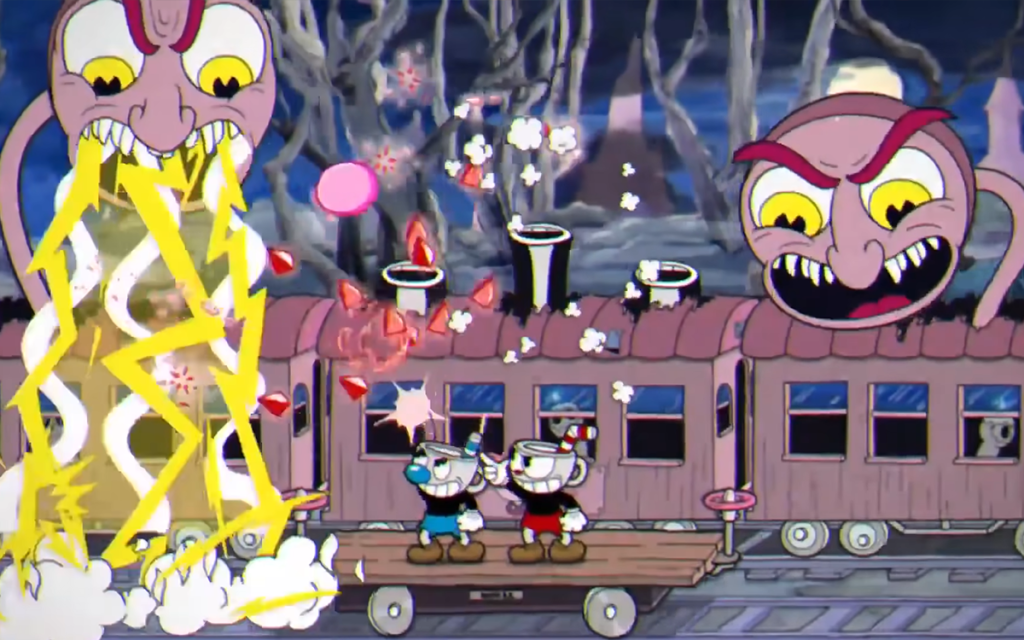 Imagem do jogo Cuphead com os personagens Cuphead e Mugman atirando em um inimigo representando um jogo indie.