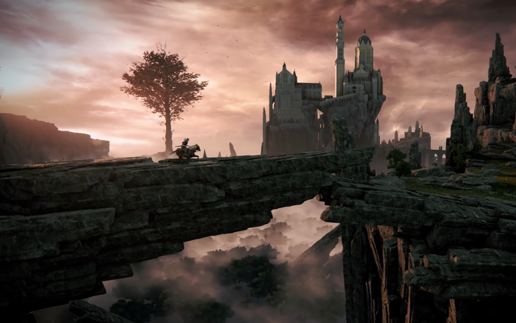 Imagem do game Elden Ring com o personagem principal cavalgando  de um penhasco para outro e ao fundo um castelo antigo com ambientação épica representando um jogo soulslike.