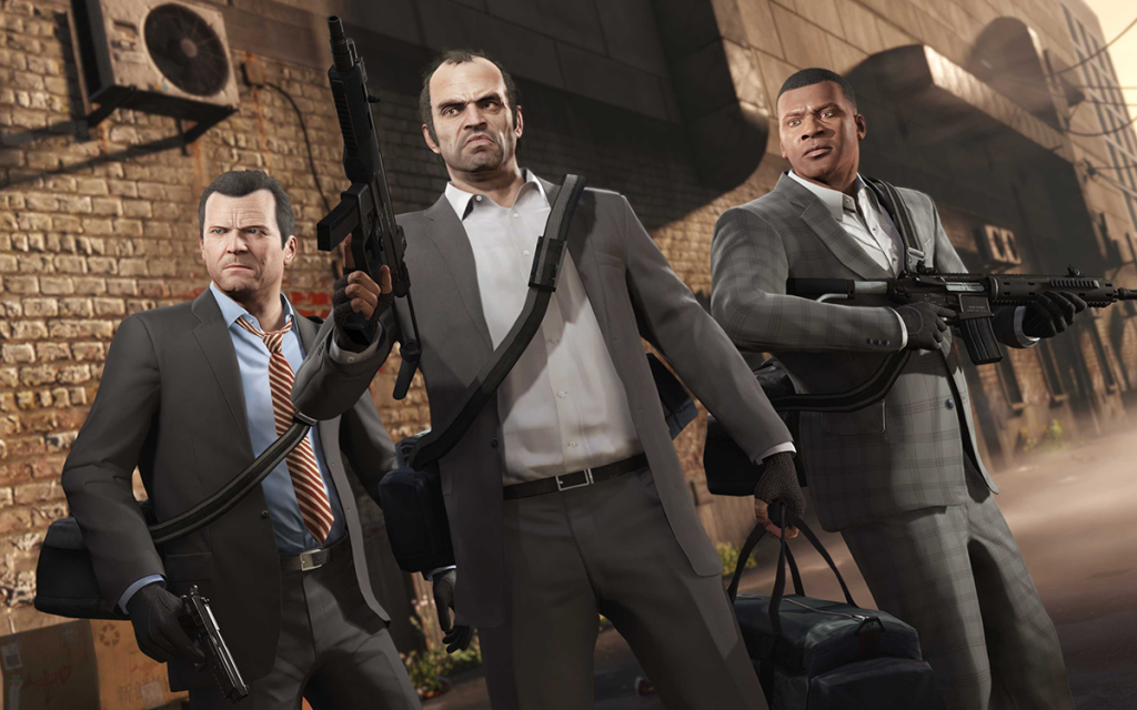 Imagem do jogo GTA 5 com os três protagonistas Michael, Franklin e Trevor empunhando armas de fogo e ternos representando um jogo AAA.