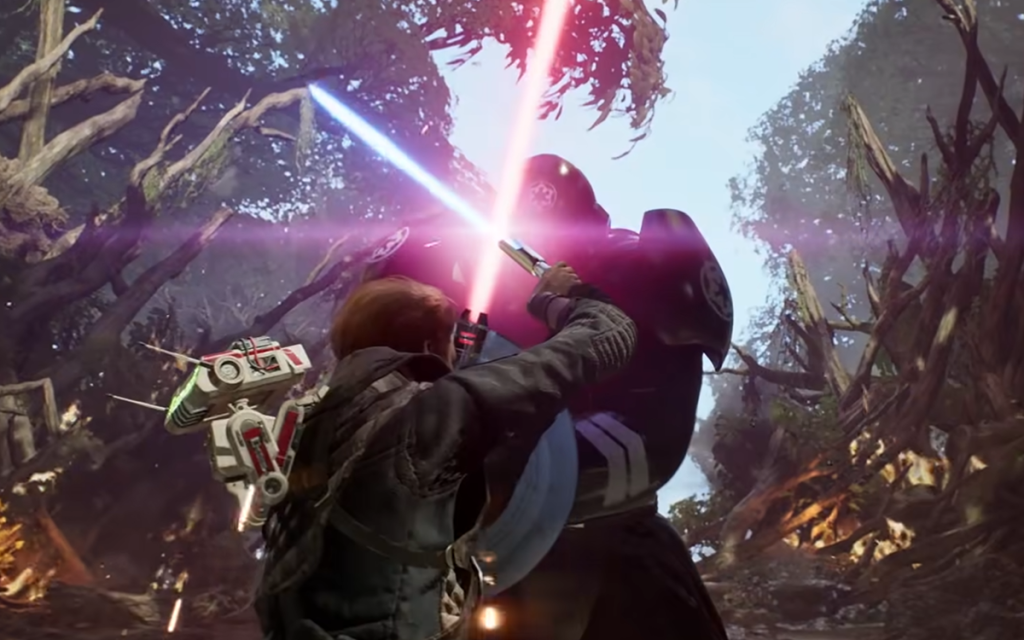 Imagem do game Star Wars: Fallen Order com batalha de sabres de luz e BD-8 às costas do protagonista representando um jogo soulslike.