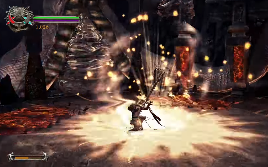 Imagem do jogo Dante's Inferno com o personagem principal Dante reproduzindo um golpe luminoso representando um jogo hack and slash.