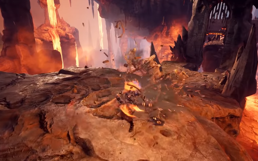 Imagem do jogo Darksiders 3 com a personagem Fúria aplicando um golpe com duas lâminas com o fundo de rochas e magma representando um jogo hack and slash.