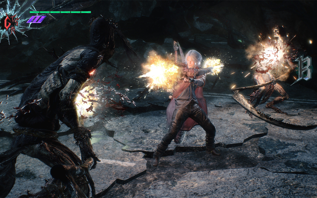 Cena de ação do jogo Devil May Cry 5 com o personagem Dante atirando com duas armas de fogo representando um jogo hack and slash.