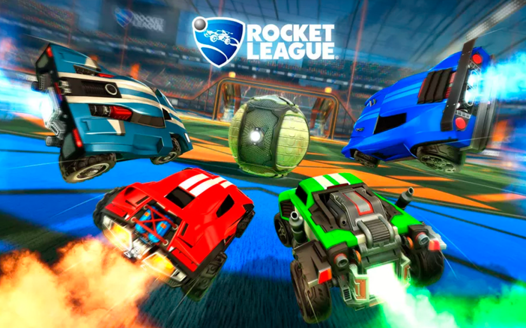 Imagem de divulgação do jogo Rocjet League com carros azul, vermelho e verde propulsionando-se em direção à bola