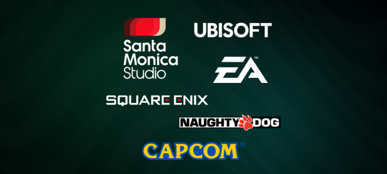 Imagem com logos de várias desenvolvedoras de games third-party, second-party e first-party