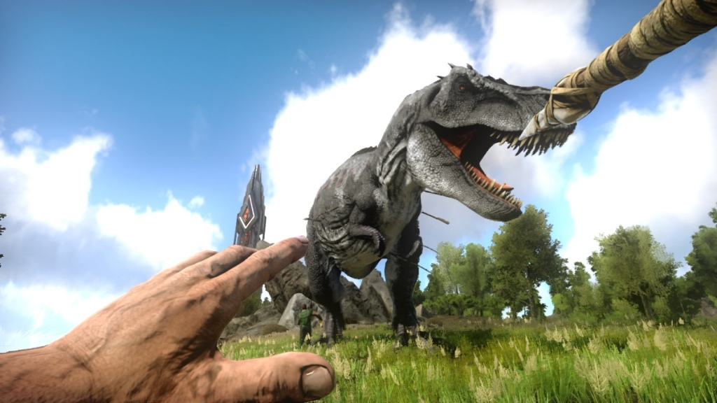 Imagem de ação no jogo Ark:Survival Evolved, um dos jogos de sobrevivência referência na indústria.