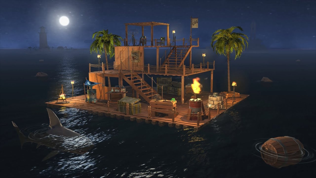 Imagem do jogo Raft Survival com base de madeira no meio do mar.