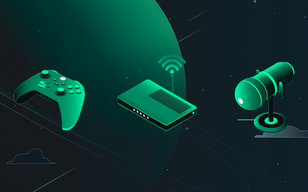 Ícones de controle de console, roteador de internet e microfone em tons verdes-escuro.