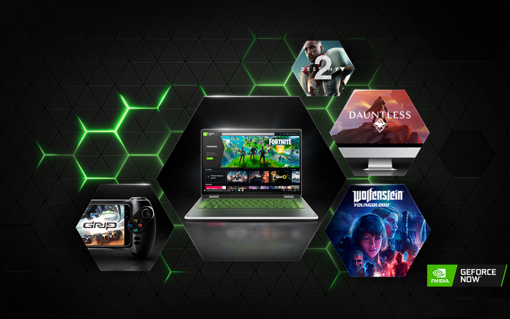 Montagem da NVIDIA GeForce Now com jogos em nuvem disponíveis na plataforma como Dauntless, Destiny 2, Wolfeinstein, Grid e Fortnite,