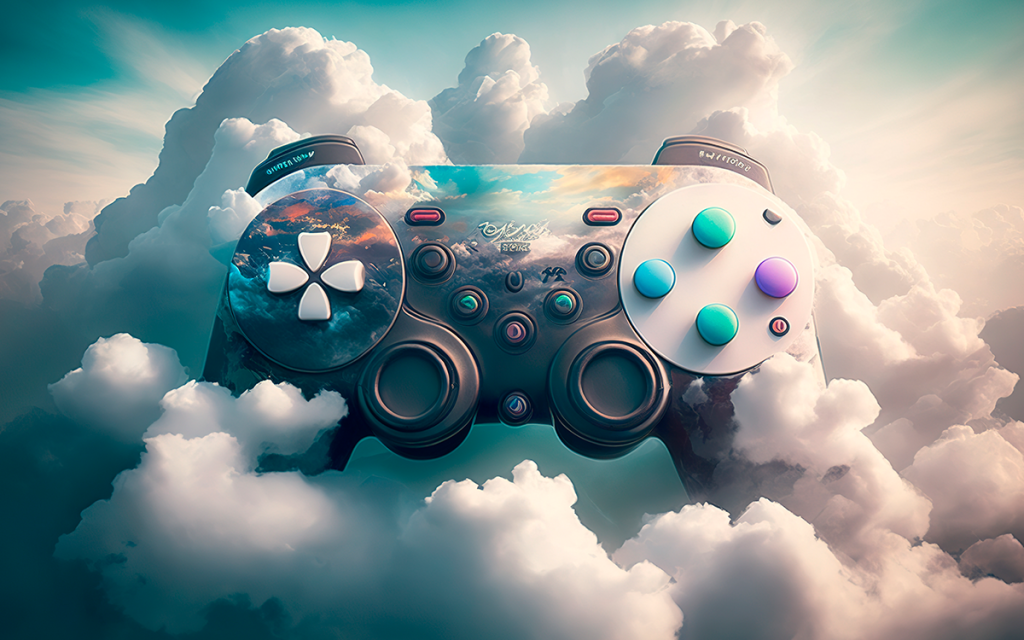 controle de console de video-game em meio as nuvens representando os Jogos em Nuvem