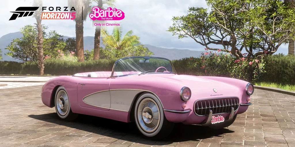 Ação de marketing do game Forza Horizon 5 com a Barbie representada pela pintura rosa em um dos carros do jogo