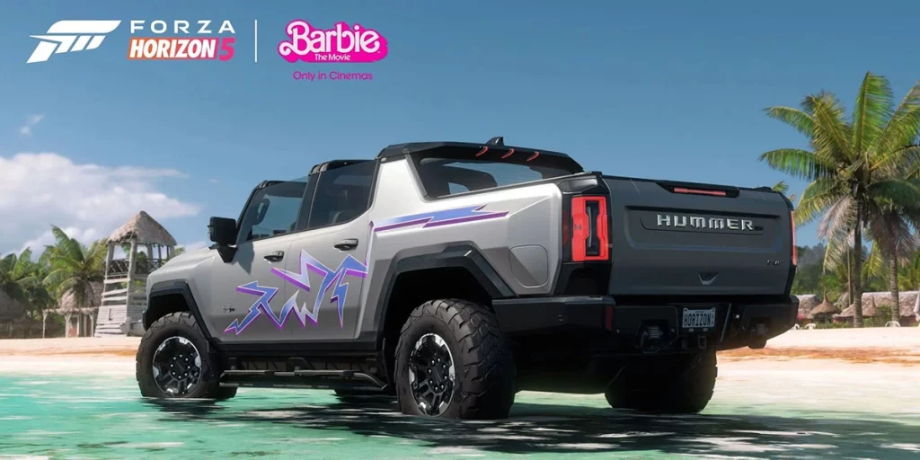 Ação de marketing do jogo Forza Horizon 5 em torno da Barbie com detalhes da boneca na pintura do carro