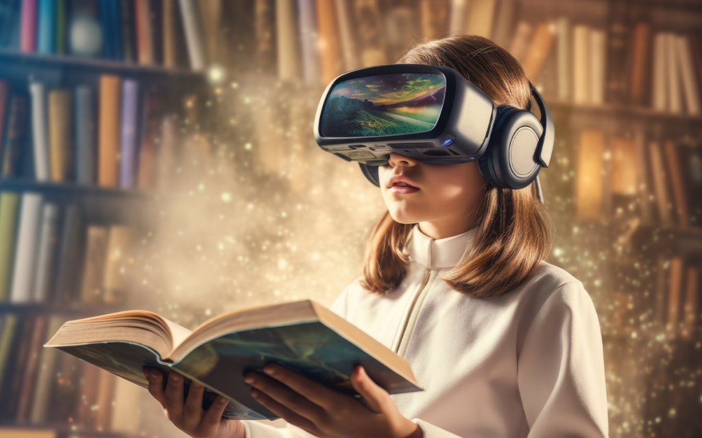 menina com óculos de realidade aumentada segurando livro aberto com as duas mãos com o fundo de uma biblioteca representando a gamificação na educação