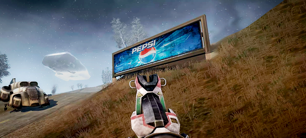 Imagem de jogo Battlefield com foco no anúncio da Pepsi em banner dentro do game