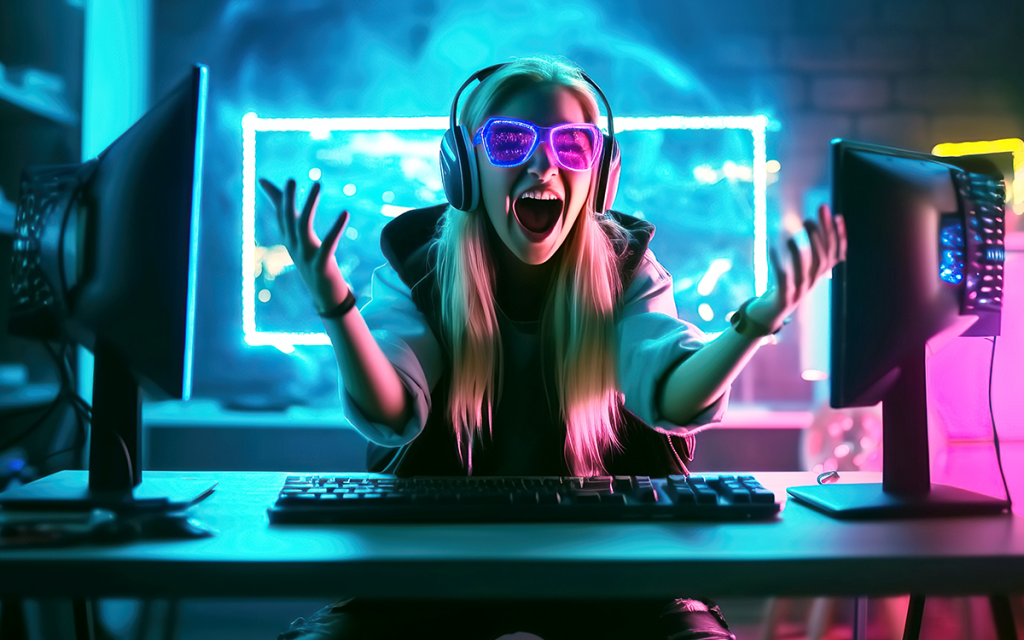 Garota gamer com óculos, headset e dois monitores comemorando em mesa