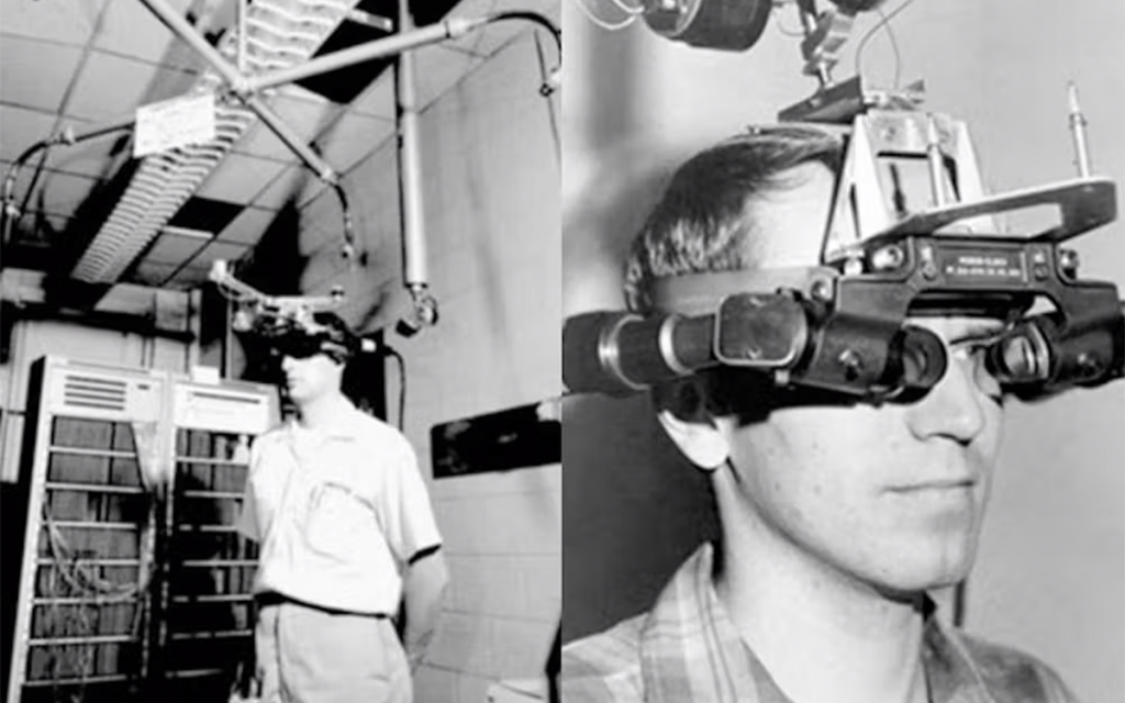 imagens antigas em preto e branco registrando a Sword of Damocles, a primeira máquina de realidade aumentada