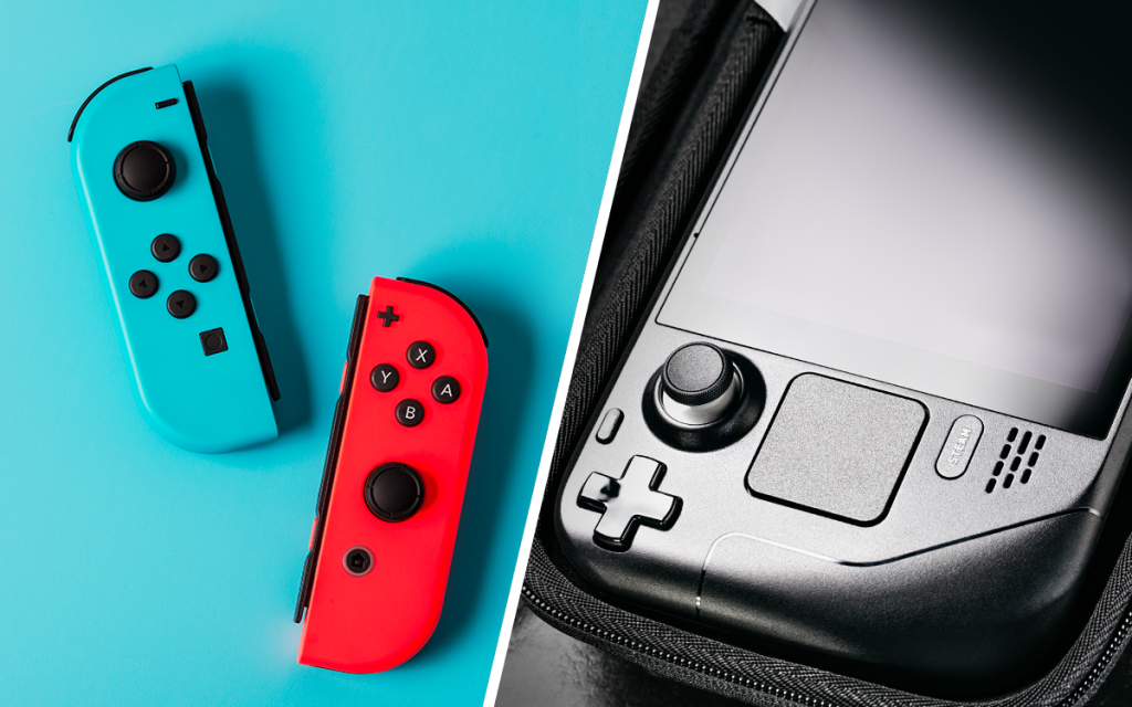 Controles de Nintendo Switch azul e vermelho e plataforma steam deck, concorrentes do novo Playstation Portal